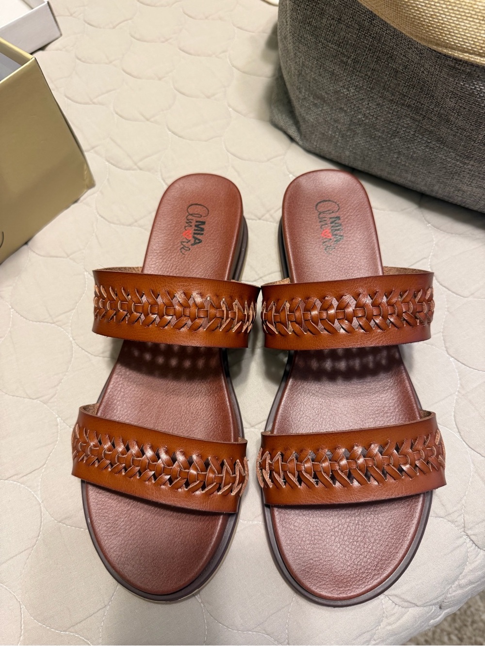 MIA Women's Brown Braided Double-Strap Slide Sandals